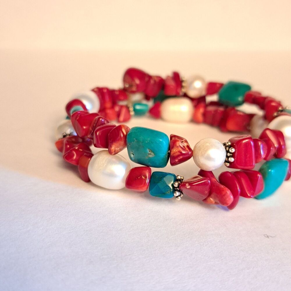 NEW Handmade Coral Turquoise Pearl Natural Gemstones Spring Style Bracelet - Picture 4 of 5